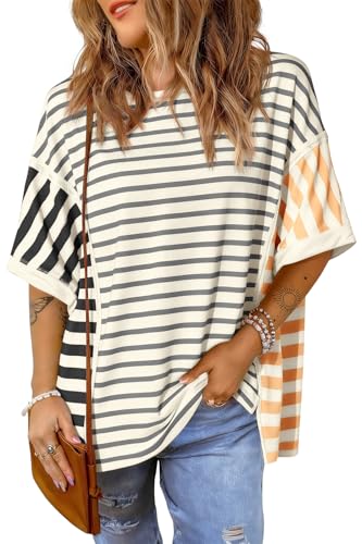 Tankaneo Womens Oversized Striped T-Shirts Color Block Short Sleeve Tee Tops Summer Casual High Low Hem Shirts Light Grey