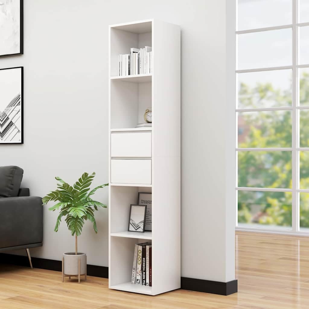Libreria bianca in legno, 36 x 30 x 171 cm, con 4 ripiani e 2 cassetti, montaggio a parete, per soggiorno, ufficio, cameretta dei bambini, salvaspazio e stabile
