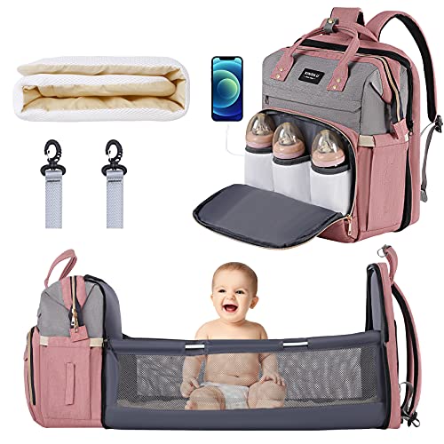 Diaper Bag, Multifunctional Bakcpack with USB Charging Port and Soft Cushion, Large Storage Portable Diaper Backpack with Stroller Straps, Gift for Newborn Baby Boys and Girls, (Pink-Gray)