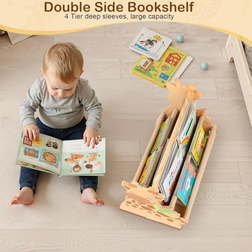 Image of Toddler Bookshelf Double-Sided with 4 Tier Deep Sleeves Kids Wooden Montessori Book Rack for Baby Nursery Room, Playroom, Classroom or Bedroom Bookcase Storage Organizer, Light Wood Giraffe