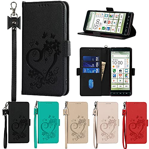 Eastwave かんたんスマホ2 A001KC ケース 手帳型 Basio4 KYV47 財布型 カバー KYV 47 Basio 4 ケース 手帳 ストラップ付き 明るい色 愛の絵 PUレザー カード収納 横置きスタンド 機能 内蔵マグネット—ブラック