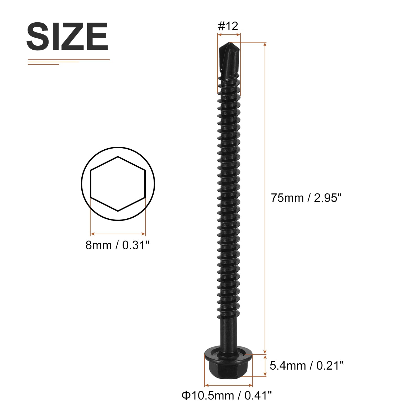 DTGN #12x3" Hex Washer Head Self Drilling Screws, 100Pack, Good for Machine, 410 Stainless Steel Black Oxide - Image 2