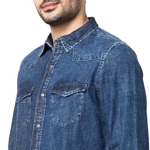 Image of Spykar Men's Regular Fit Raised Collar Full Sleeve Solid Casual Shirts