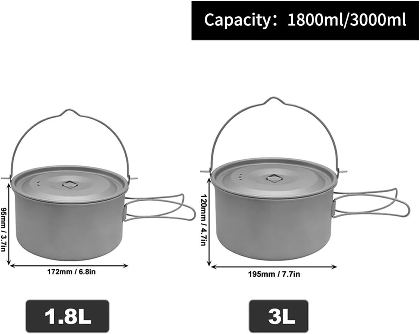Compatible For1.8L/3L Titanium Pot Hanging with Lid and Foldable Handle Outdoor Camping Hiking Backpacking Picnic