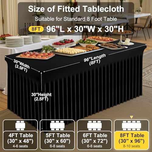 Image of Smiry Spandex Elastic Fitted Table Cloth Skirt for 8FT Rectangle Table | Stretch Washable Table Cloth, Banquet Table Cover for Wedding, Party, Indoor & Trade Shows, (Black, 96Lx30Wx30H)