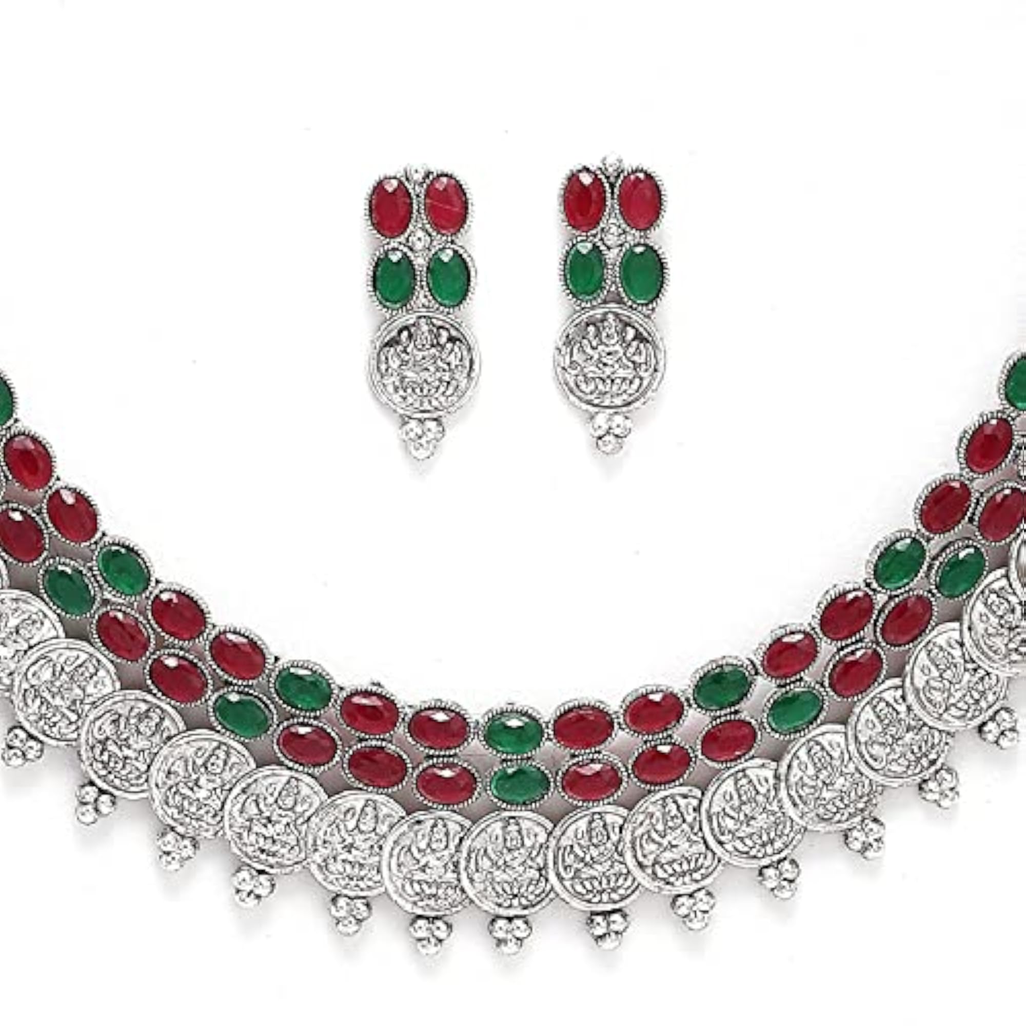 Antique Oxidised Silver-Plated Temple Coin Necklace Set with Earrings