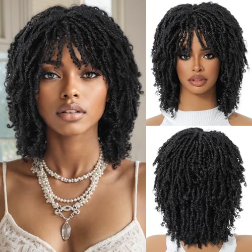 Dreadlock Wig For Black Women And Men Short Afro Twist Faux Locs Braided Wigs Glueless Synthetic Afro Curly Wigs (#1B, 12 Inch)