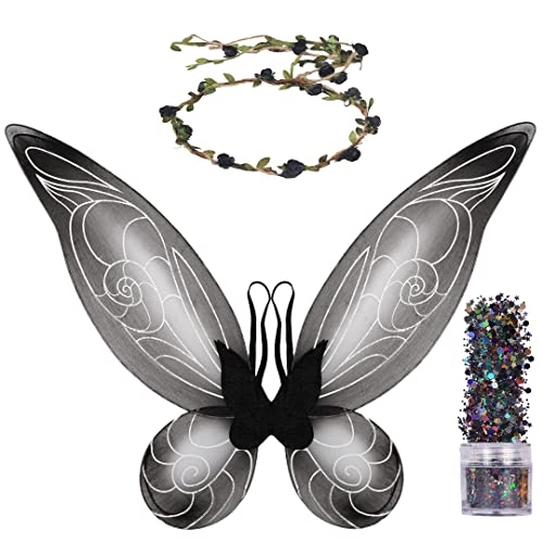 FUNCREDIBLE Fairy Costume Accessories Set | Fairy Wings, Fairy Crown with Fairy Dust | Black Tooth Fairy Wings | Halloween Cosplay Party Favors for Kids and Toddler