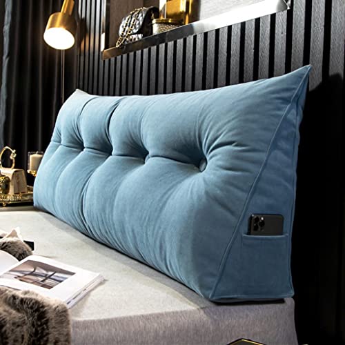 Cojín ergonómico triangular para cabecero de cama con cuña y botón capitoné, respaldo grande, soporte de posicionamiento, cojín en tela de terciopelo de felpilla, color azul, 200 cm