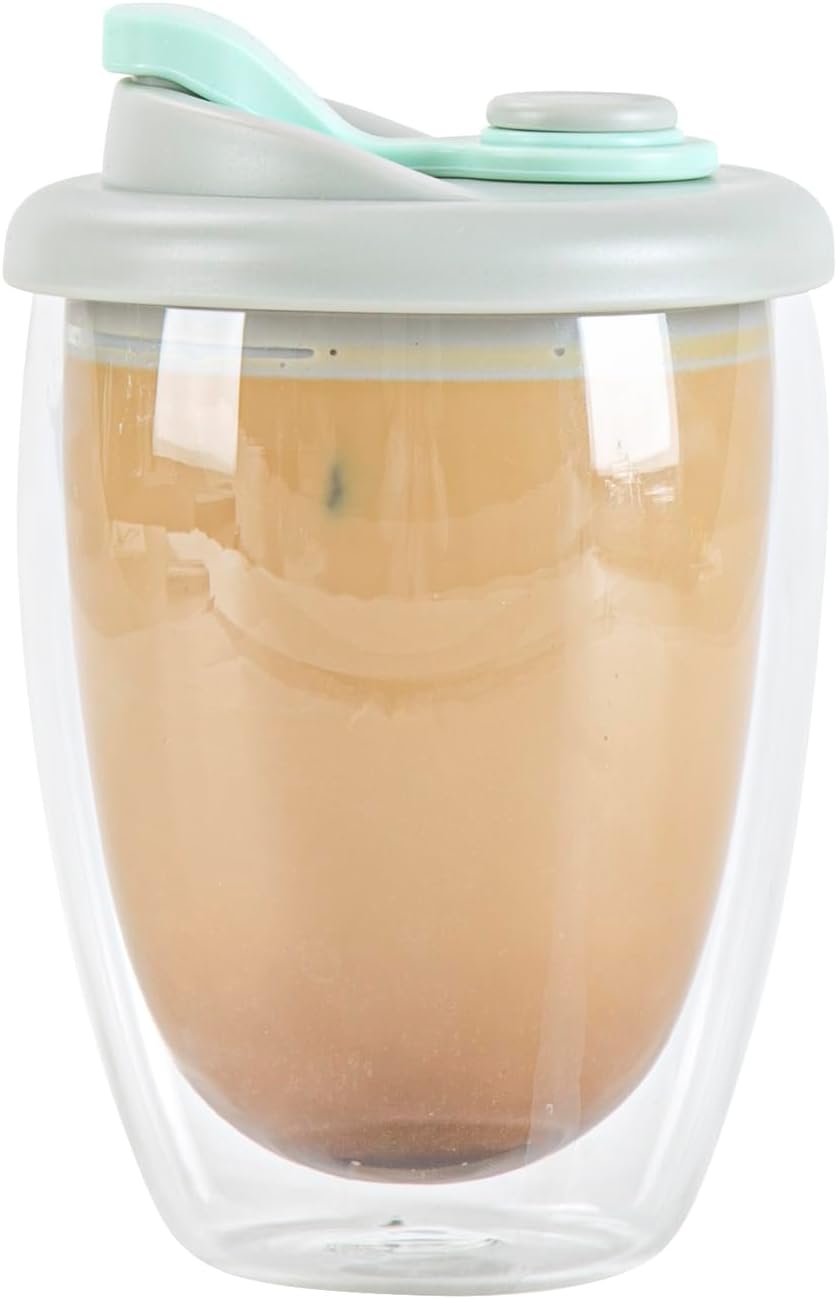 Restaurantware Glass Travel Mug 1 Count 12 Ounce Double Wall Borosilicate Reusable Coffee Cup, Spill-Resistant Gray and Green Silicone Lid, Clear Drinkware Mug for Hot and Cold Beverages - Image 11