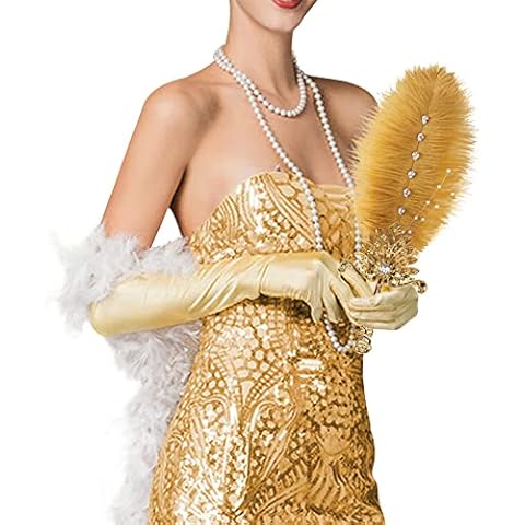 CROWN GUIDE Gold Ostrich Feather Fan Wedding Bridal Bouquets for Bride Metal Hand Held Fan Great Gatsby 1920s Flapper Accessories for Women Bridgerton Tea Party Decorations Cover