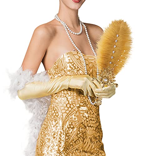 CROWN GUIDE Gold Ostrich Feather Fan Wedding Bridal Bouquets for Bride Metal Hand Held Fan Great Gatsby 1920s Flapper Accessories for Women Bridgerton Tea Party Decorations