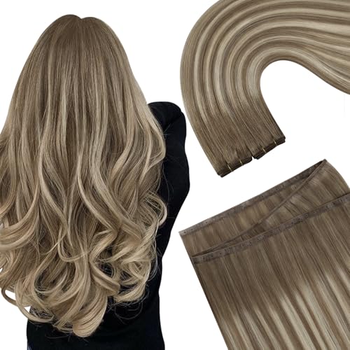 Image of Ugeat Butterfly Weft Human Hair Extensions Light Brown Balayage Hair Extension Butterfly Wefts Real Human Hair Light Brown with Platinum Blonde Ombre Double Side PU and Genius Wefts 16 Inch 80G