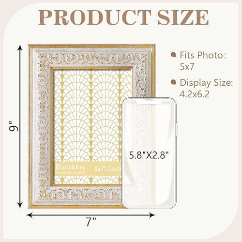 Image of VIOLABBEY 5x7 Picture Frame White, Vintage Frames Ornate without Mat | Antique Photo Frame, Wall Hanging or Tabletop Display, HD Plexiglass, Wall Decor