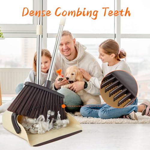 Image of Broom and Dustpan Set, Dustpan Combo with 51 inch Stainless Steel Long Handle Brooms with 5-Layer Soft Bristles for Home Office Kitchen Bathroom(Beige)