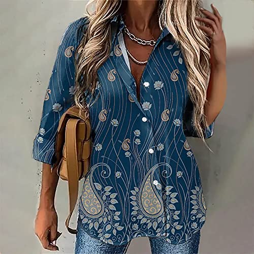 Blusa feminina casual de chiffon de manga comprida com colarinho e botão, J - Azul-marinho, G