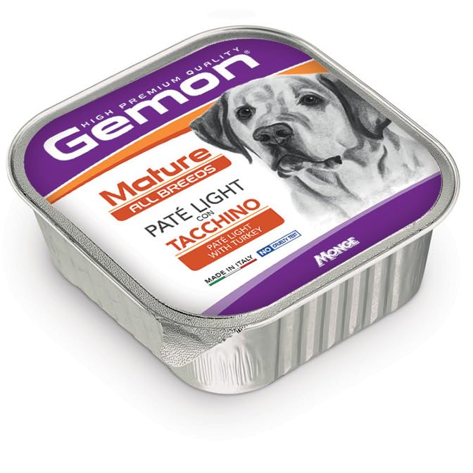 GEMON Cane All Breeds Mature Paté Light con Tacchino | alimento umido completo per cani anziani di tutte le taglie, High Premium Quality, cotto a vapore, Made in Italy, 12 scatolette da 150 grammi.