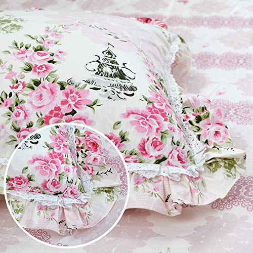 Fadfay Duvet Cover Set Queen Elegant And Shabby Pink Rosette Floral Bedding With Hidden Zipper Closure 100% Cotton With Floral Bedskirt 4 Pieces Queen Size #TOP3