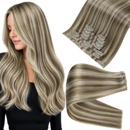 Full Shine Human Hair Clip in Extensions, Ash Brown with Blonde Highlights