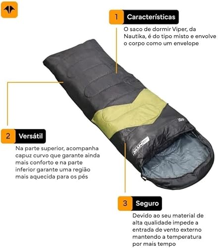 ntk, Saco de Dormir Tipo Sarcófago Viper, com Faixa de Temperatura entre 5°C à 12°C, com Capuz Incor