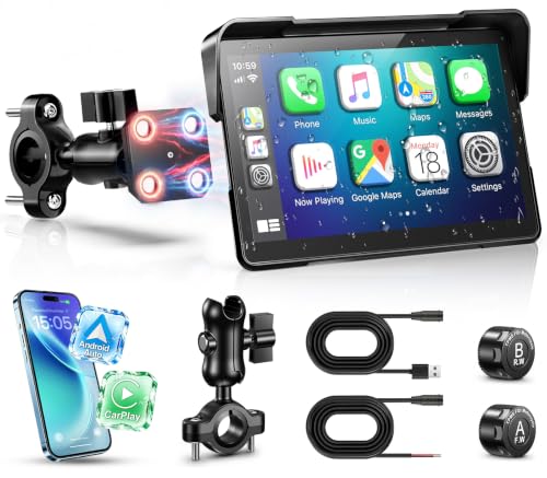 Image of YZW 7 Inch Wireless Motorcycle Carplay, GPS Navigation with Android Auto, Siri & Google Assistant, USB Cable /Bluetooth 5.2 /TMPS /Voice Control /IP69K Waterproof Touchscreen /Light Sensor /Quick Release