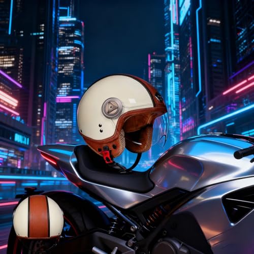 Casco Moto 3/4 Retrò Vintage In Vera Pelle, Certificazione Dot Ece, Casco Per Scooter E Vespa Stile Anni 50 60, Con Visiera, Design Apri E Chiudi Unisex Per Uomo Donna XXL63-64CM - 7