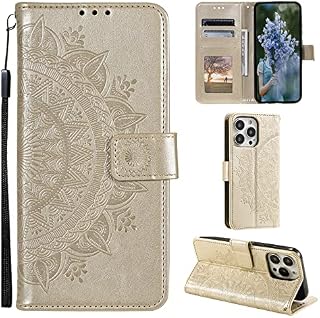 EYZUTAK Case for iPhone 14 Pro, Premium Leather Flip Wallet Case with Card Slots Holder Kickstand Hand Strap Mandala Half Flower Design Embossed Shockproof Cover Case - Purple