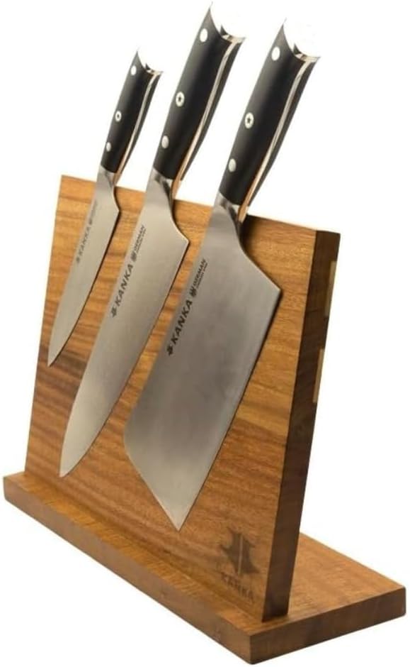 KANKA Magnetic Knife Block, Acacia Wood Kitchen Counter Holder with Strong Magnetic Core, Non-Slip Base, Holds 4-5 Knives