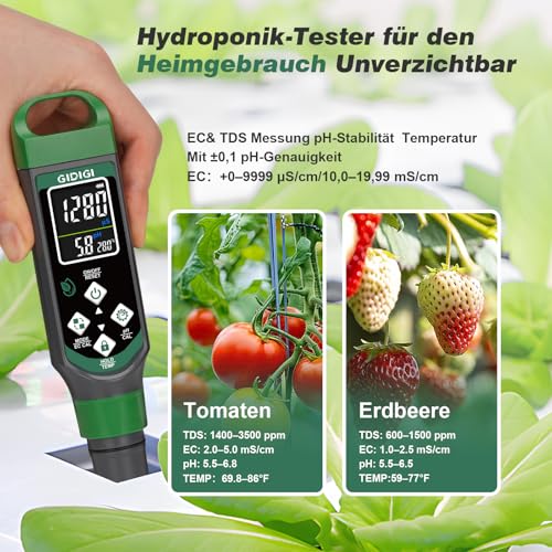 pH Messgerät für Hydrokulturen, pH Messgerät für Pool, TDS EC Messgerät mit Farbdisplay, pH Wert Wassertester Multiparameter für Aquarium, TDS Trinkwasser Tester, hohe Genauigkeit 0,01