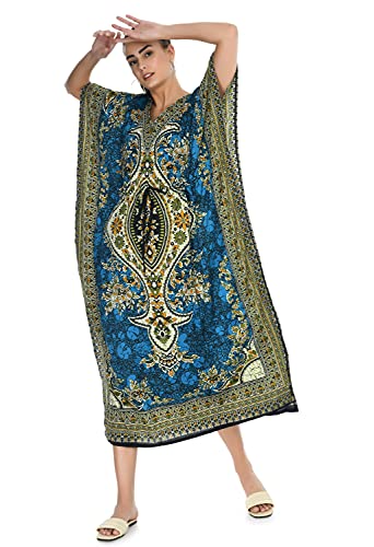 spurbayfashions Women's Kaftan - Gamla Print Tunic Kimono Long Maxi Dress for Loungewear, Holidays, Nightwear, Beach, and Everyday Cover Up