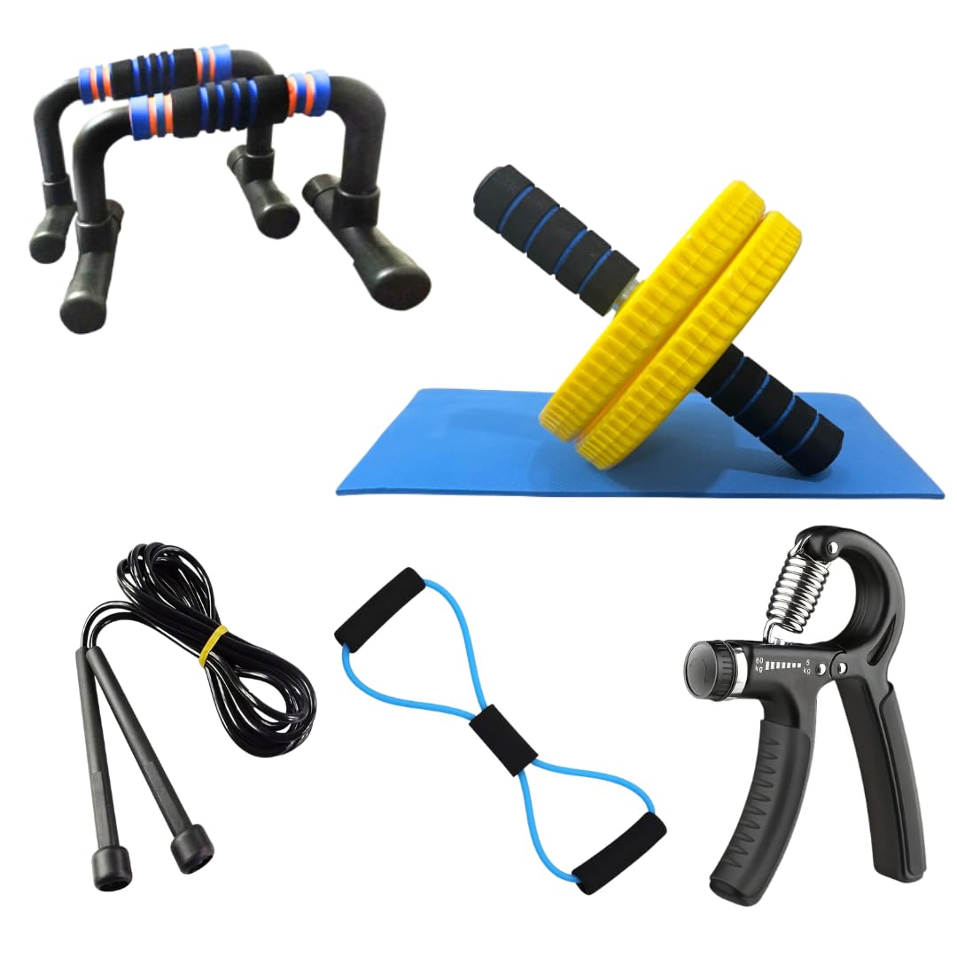 INSTAFIT Ultimate Home Workout Combo, 5-Piece Fitness Kit with Ab Roller, Foldable Push-Up Bars, Adjustable Hand Grip, Skipping Rope and 8 Shape Toning Tube, Multicolour-image-20