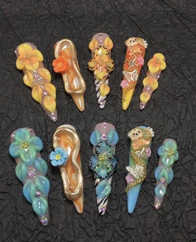 3D Handcrafted Stiletto Press-On Nails, Orange-Yellow and Blue-Green, with Flowers,