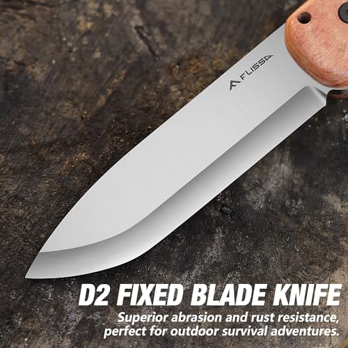 FLISSA 9\" Fixed Blade Knife, D2 Steel Hunting Knife for Camping, Outdoor, Bushcraft and Survival, Wood Handle, Leather Sheath Included, Christmas Gifts for Husband, Father, Friend - Thumbnail 3