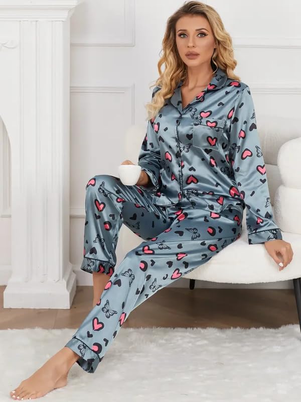 Image of Night Suit for Women with Full Sleeve Button-Down Top with Pant Dress for Woman, Cotton Night Dress for Woman, Two-Piece Loungewear Set