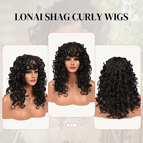 Lonai Curly Wig With Bangs For Black Women Long Black Kinky Wigs With Wispy Bangs Curly Gorgeous Fringe Synthetic Wig For Daily Use Party Cosplay #TOP3