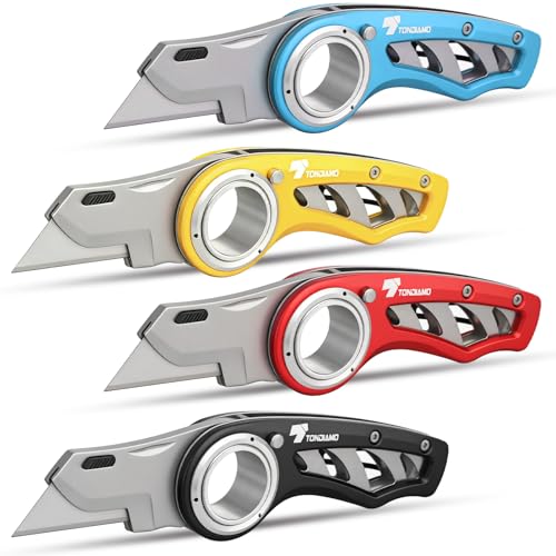 Image of Tondiamo 4 Pcs Folding Pocket Utility Knife Heavy Duty Box Cutter Folding Razor Knife with Anti Slip Finger Loop Easy Change Blades 3 Lock Positions Design (Yellow,Red,Black,Blue)