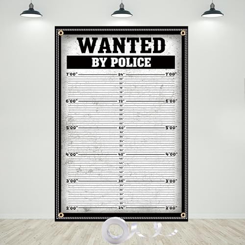 57Ft Mugshot Jail Backdrop Wanted Police Photo Booth Banner with 32.8ft Ribbon for Crime Scene & Police Party Decorations