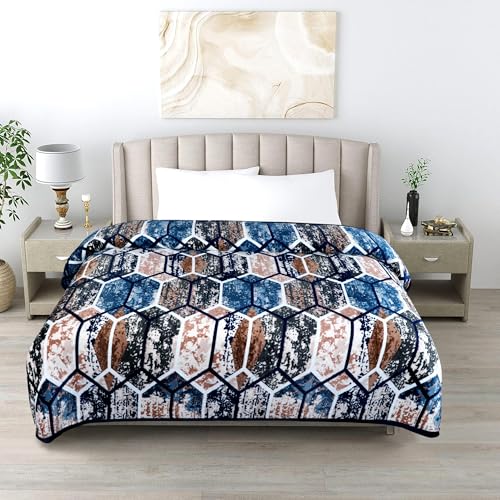 Image of Premium Ultra Soft Flannel Printed Single Blanket 220x160 cm| 200 GSM Warm & Cozy All Season AC Blanket| Lightweight Travel /Camping Throw for Sofa & Couch| Winter Duvet /Quilt- Blue & Beige