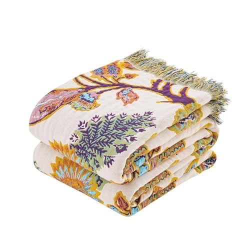Image of XIBLC Boho Throw Blanket for Bed, 100% Cotton Soft Rustic Quilt Fall Blanket, 50 inchx60 inch Floral Printed Farmhouse Decor Bed Blankets, All Season Rustic Reversible Bohemian Throw Quilt