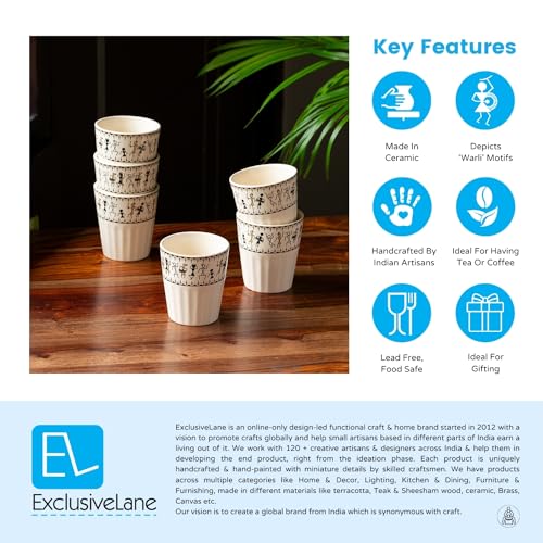 Image of ExclusiveLane 'Whispers of Warli' Handcrafted Ceramic Tea Glass Set Tea Cups for Tea Glasses Set of 6 (160 ML, Microwave Safe, Dishwasher Safe) Cearmic Tea Cups Set Chai Tea Glasses for Tea Chai Cups