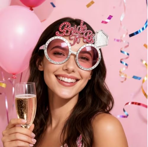 Image of AMFIN {Pack of 2) Bride to Be & Groom Sunglasses for Wedding | Bridal Shower Couple Glasses with Rhinestones | Engagement Mehndi Bachelorette Props | Photo Booth - Pink Black