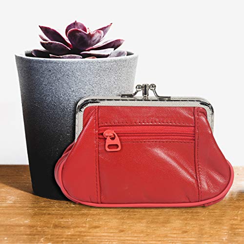 Women's Leather Metal Frame Double Clasp Zipper Coin Purse 5 1/4" X 3 1/4" (Red) #TOP1