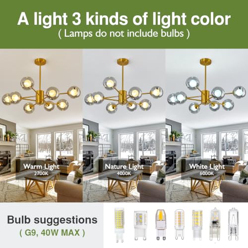 Image of 8 Light Sputnik Gold Glass Globe Chandelier for Dining Room Light Fixture