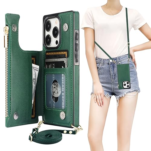 Bocasal Crossbody Wallet Case for iPhone 15 Pro with RFID Blocking Card Slot Holder Magnetic Flip Folio Purse Case PU Leather Zipper Handbag with Detachable Lanyard Strap 6.1 Inch 5G (Green)