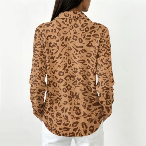 Women's Waffle Knit Tops Leopard Oversized Collared Long Sleeve Pullover - image 3