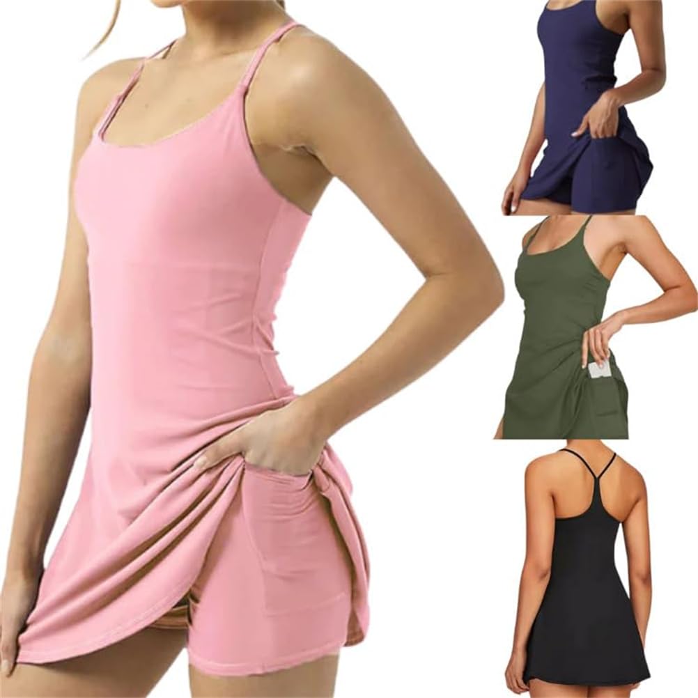 Vestito da tennis con schiena scoperta in peluche, abito da tennis con pantaloncini integrati, abito da allenamento da donna