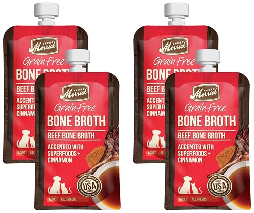 Image of Merrick Grain Free Bone Broth, Premium Human Grade and Gluten Free Dog and Cat Food Topper Pouches, Beef - 7 oz. Pouch (Pack of 4)