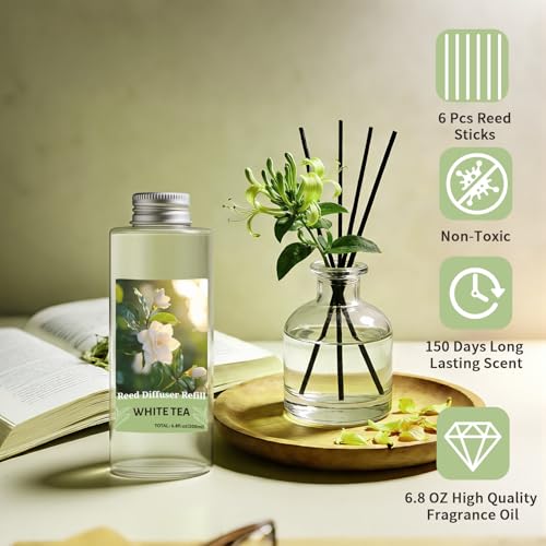 Image of STRN Reed Diffuser Oil Refill, White Tea Scented Diffuser Oil Refills with 6 Reed Sticks 200ML(6.8fl.oz), Room Fresheners Long-Lasting Summer Fragrance for Living Room, Bedroom, Office
