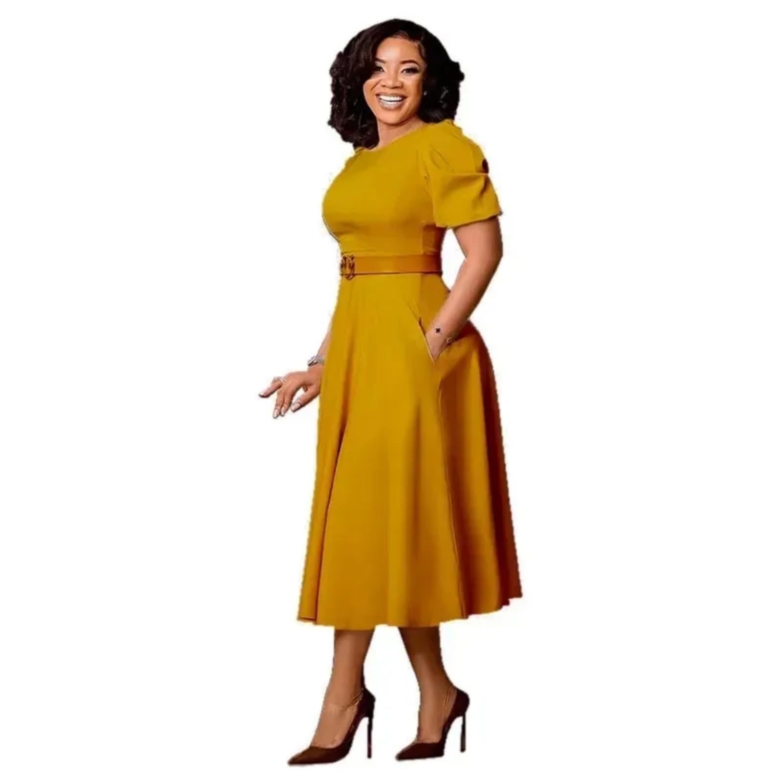 Adhdyuud Elegante vestido midi africano con manga abombada, cinturón, cuello redondo, acampanado, ropa formal de oficina