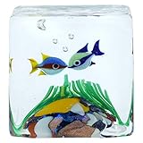  Cube d\'aquarium en verre de Murano avec deux poissons tropicaux - 1-1/4 pouces